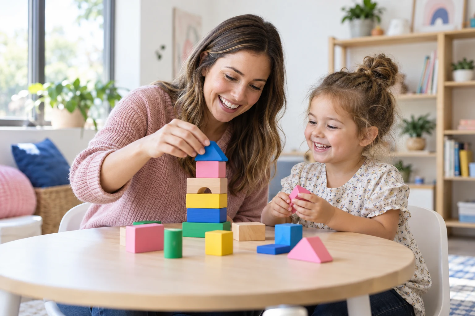 A therapist and young child sharing a playful moment with colorful blocks